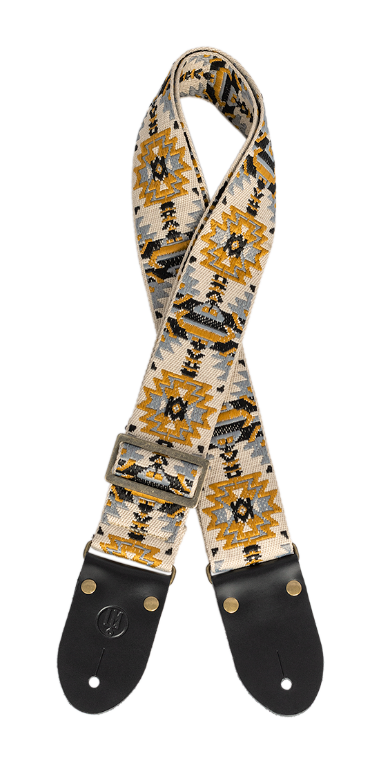 LM | LMX382 | 2 inch Jacquard woven cotton guitar strap. White/gold Aztec pattern LM | LMX382 | 2 inch Jacquard woven cotton guitar strap. White/gold Aztec pattern